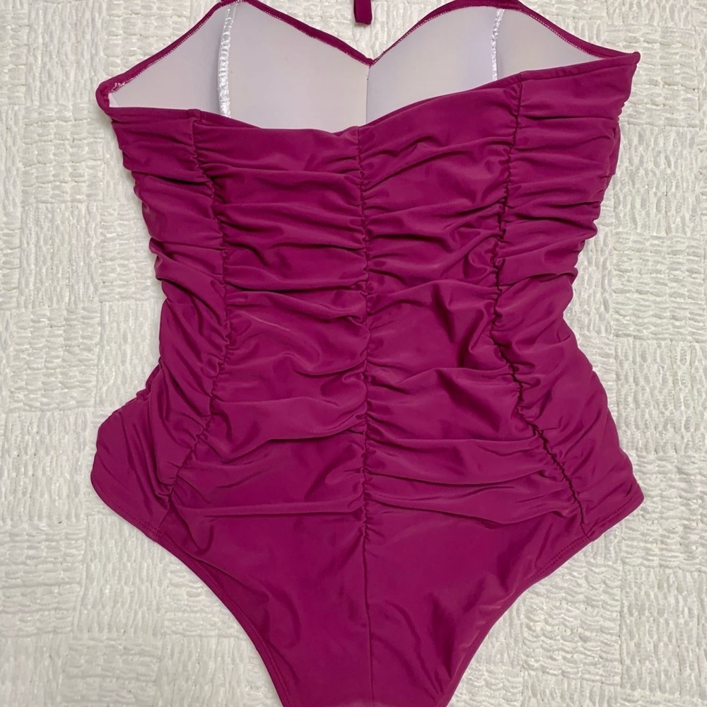 BEACH BASH Plum/Wine Flattering Ruched
Halter Top One Piece
Swimsuit. 3X - Picture 3 of 10
